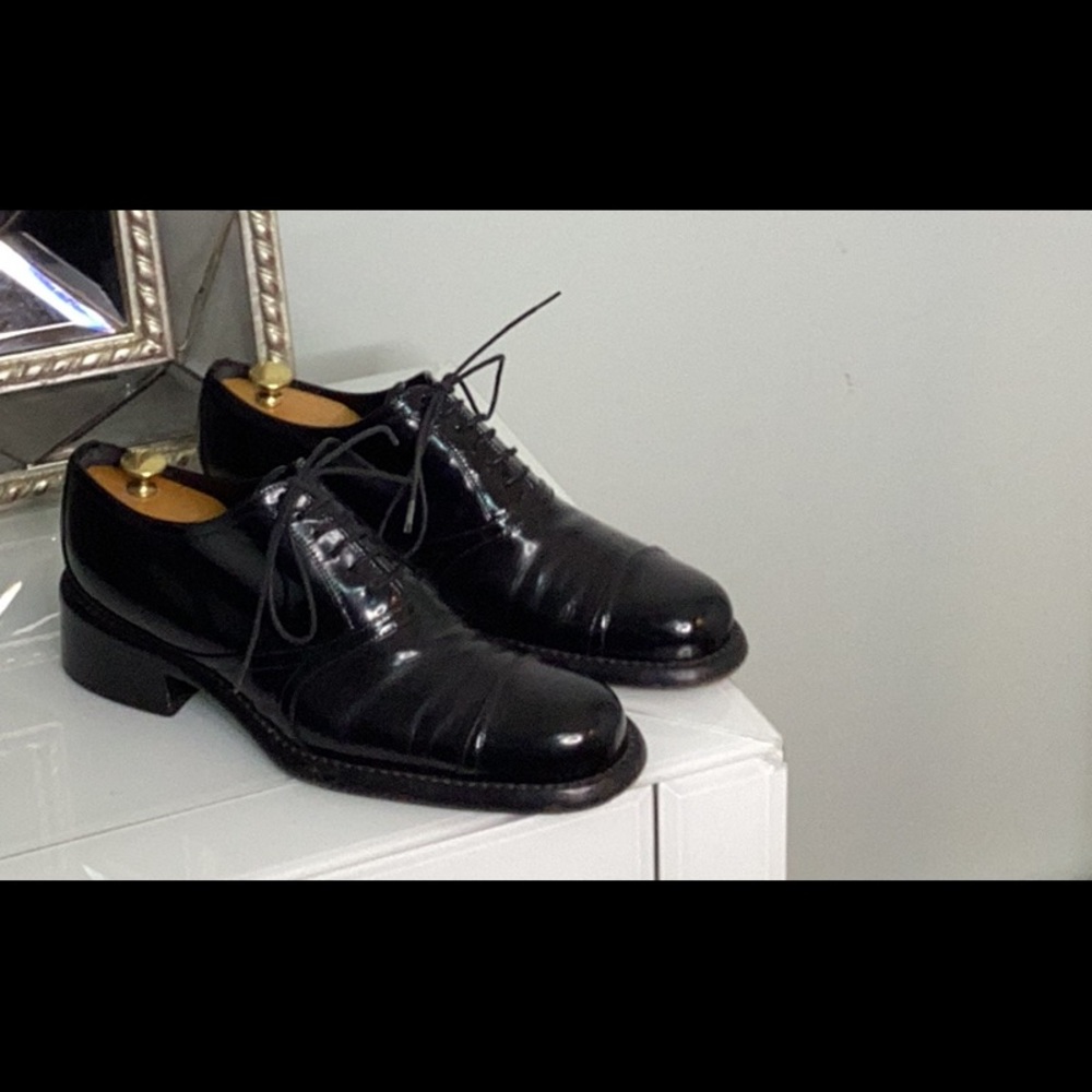 Vintage Prada black patent leather tuxedo toe lace up